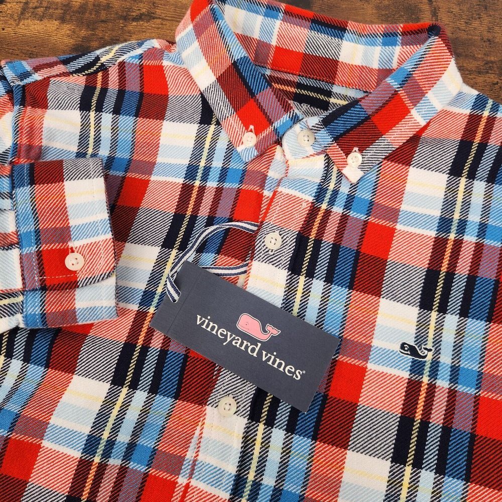NEW Vineyard Vines Boys‎ Flannel Twill Shirt Red White Blue Plaid Size Large